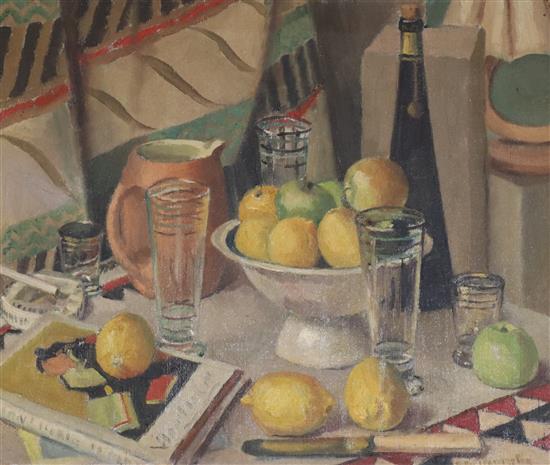 Ellen Warrington (20th century British) still life of fruit and wine on a table,oil on board, 50 x 60cm.